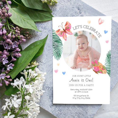 Fluttering First Butterfly Photo Invitation 