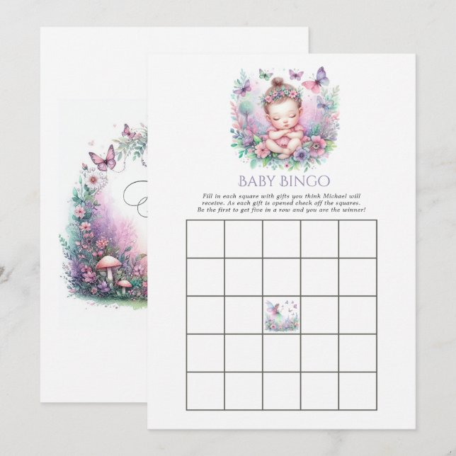 Fluttering Into the World Baby Shower Bingo Game Invitation (Front/Back)