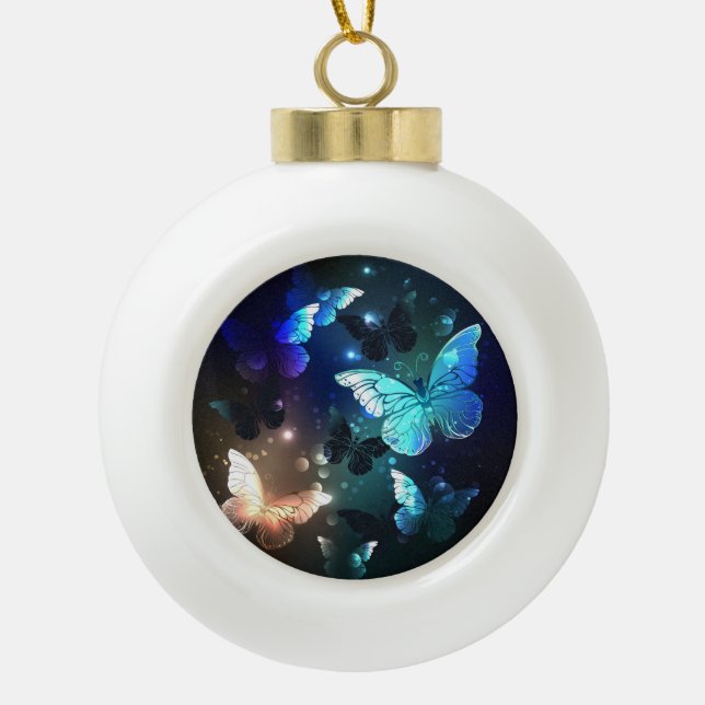 Fluttering Night Butterfly Ceramic Ball Christmas Ornament (Front)