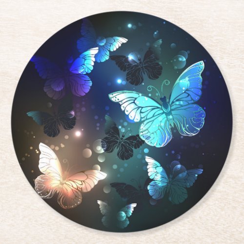 Fluttering Night Butterfly Round Paper Coaster