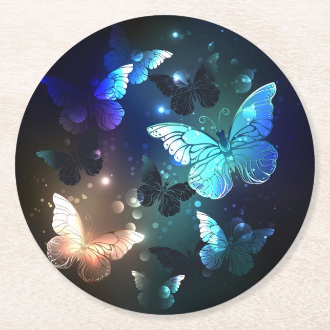 Fluttering Night Butterfly Round Paper Coaster (Front)