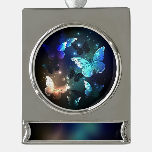 Fluttering Night Butterfly Silver Plated Banner Ornament (Front)