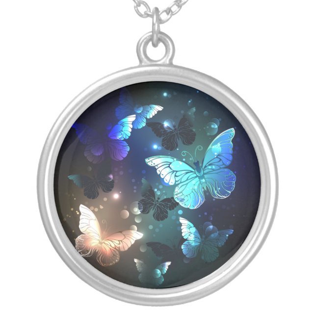Fluttering Night Butterfly Silver Plated Necklace (Front)