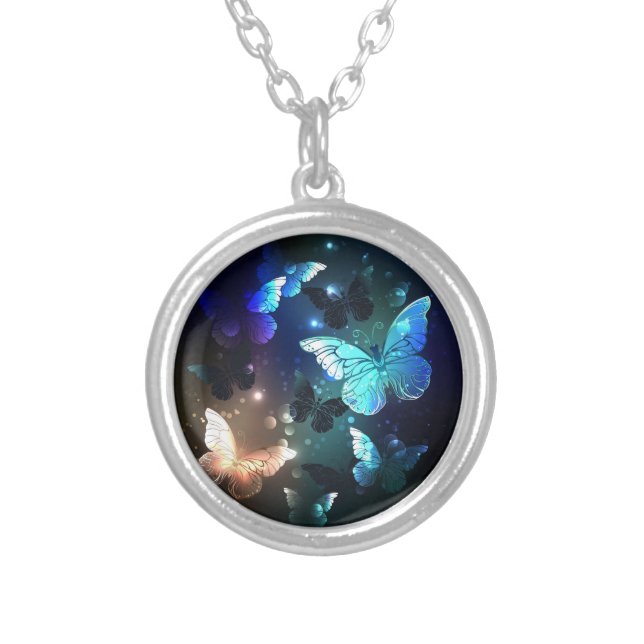 Fluttering Night Butterfly Silver Plated Necklace (Front)