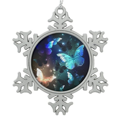 Fluttering Night Butterfly Snowflake Pewter Christmas Ornament