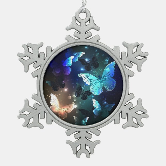 Fluttering Night Butterfly Snowflake Pewter Christmas Ornament (Front)