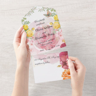 Fluttering Romance: Watercolor Rose & Butterfly We All In One Invitation
