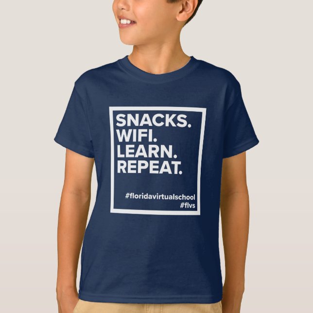 FLVS Snacks. WiFi. Learn. Repeat. T-Shirt (Navy) (Front)