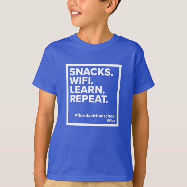 FLVS Snacks. WiFi. Learn. Repeat. T-Shirt (Royal) (Front)