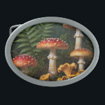 Fly Agaric Mushrooms Forest Botanical Belt Buckle<br><div class="desc">Discover the striking beauty of nature with this detailed cluster of classic red fly agaric mushrooms, their white-spotted caps standing tall among lush green ferns and deep forest shadows. Realistic textures, dew-kissed surfaces, and subtle golden chanterelles at the base bring the quiet, grounded atmosphere of a woodland floor to life....</div>