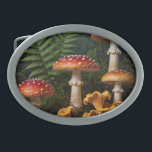 Fly Agaric Mushrooms Forest Botanical Belt Buckle<br><div class="desc">Discover the striking beauty of nature with this detailed cluster of classic red fly agaric mushrooms, their white-spotted caps standing tall among lush green ferns and deep forest shadows. Realistic textures, dew-kissed surfaces, and subtle golden chanterelles at the base bring the quiet, grounded atmosphere of a woodland floor to life....</div>
