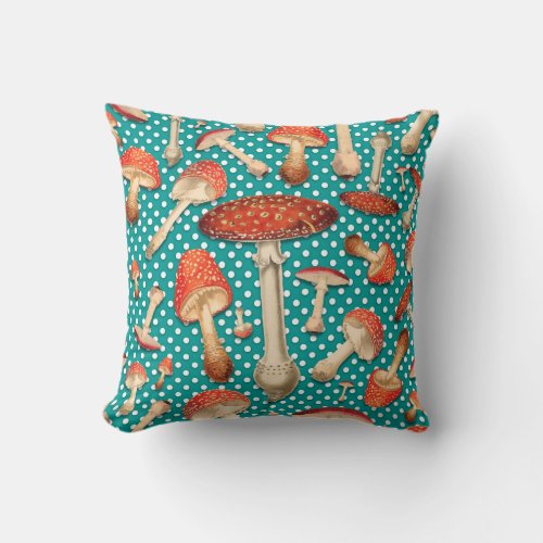 Fly Agaric Turquoise Polka Dot Pattern Throw Pillow