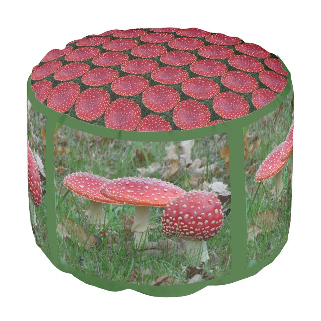 Fly Amantis Toadstools & Pattern Top Round Poof  Pouf (Angled Front)