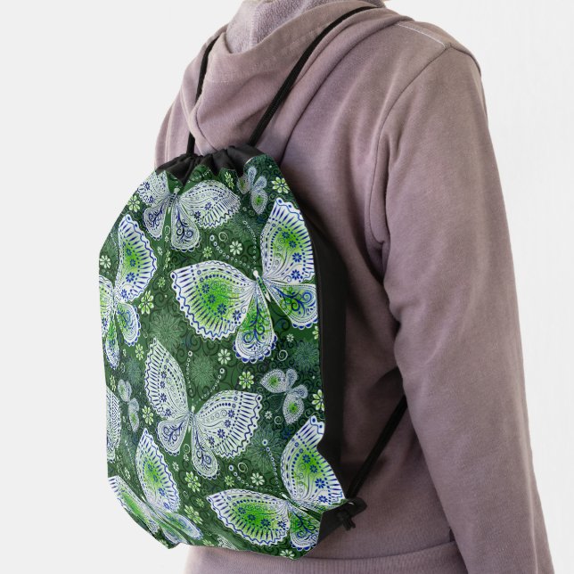Fly Away Paisley Butterfly Print Green  Drawstring Bag (Insitu)