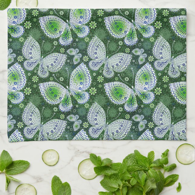 Fly Away Paisley Butterfly Print Green  Kitchen Towel (Folded)