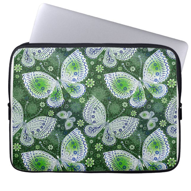 Fly Away Paisley Butterfly Print Green  Laptop Sleeve (Front)