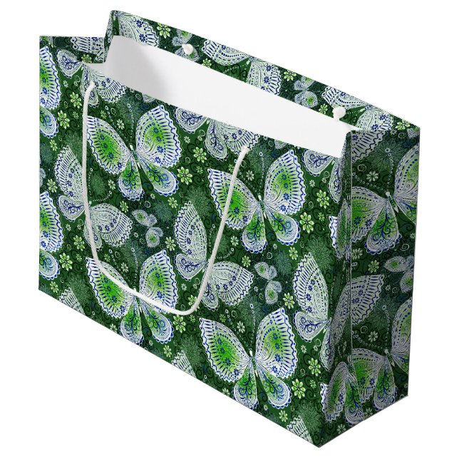 Fly Away Paisley Butterfly Print Green  Large Gift Bag (Front Angled)