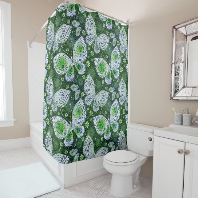 Fly Away Paisley Butterfly Print Green  Shower Curtain (In Situ)