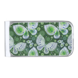 Fly Away Paisley Butterfly Print Green Silver Finish Money Clip