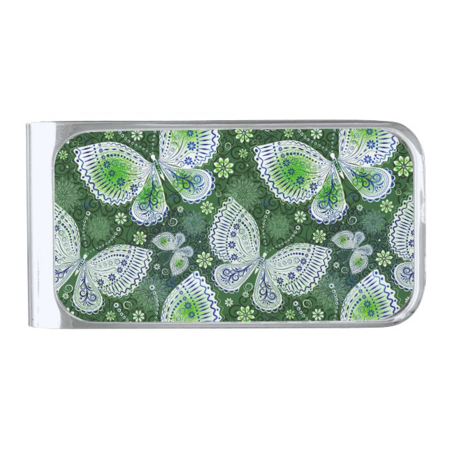 Fly Away Paisley Butterfly Print Green  Silver Finish Money Clip (Front)