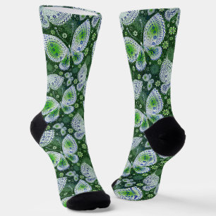 Fly Away Paisley Butterfly Print Green Socks