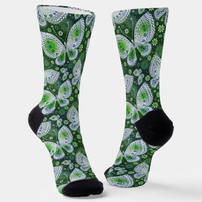 Fly Away Paisley Butterfly Print Green  Socks (Angled)