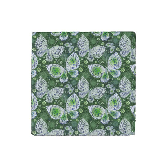 Fly Away Paisley Butterfly Print Green  Stone Magnet (Front)