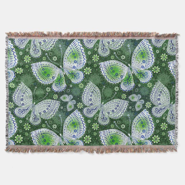 Fly Away Paisley Butterfly Print Green  Throw Blanket (Front)