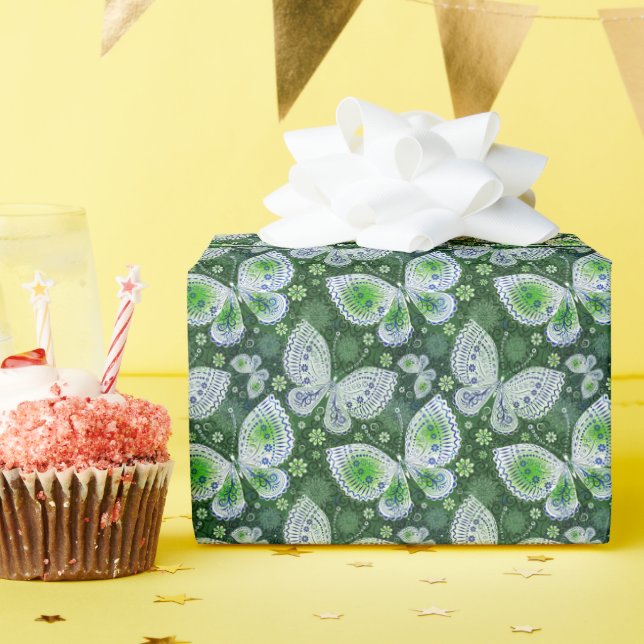 Fly Away Paisley Butterfly Print Green  Wrapping Paper (Birthday Party)