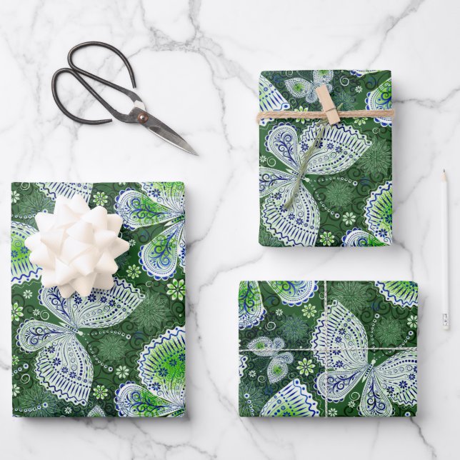 Fly Away Paisley Butterfly Print Green  Wrapping Paper Sheets (Front)