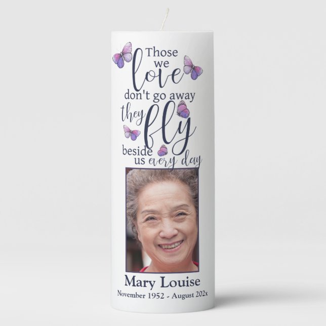 Fly Beside Us Butterfly Memorial Funeral Pillar Candle (Front)