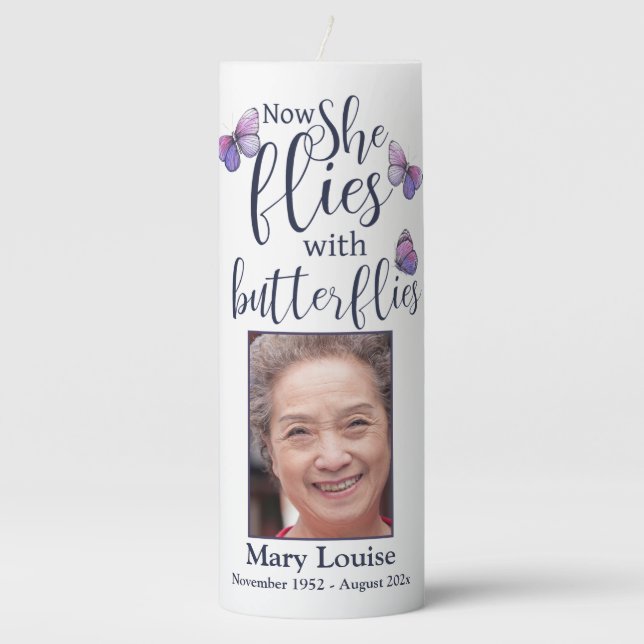 Fly Beside Us Butterfly Memorial Keepsake Pillar Candle (Front)