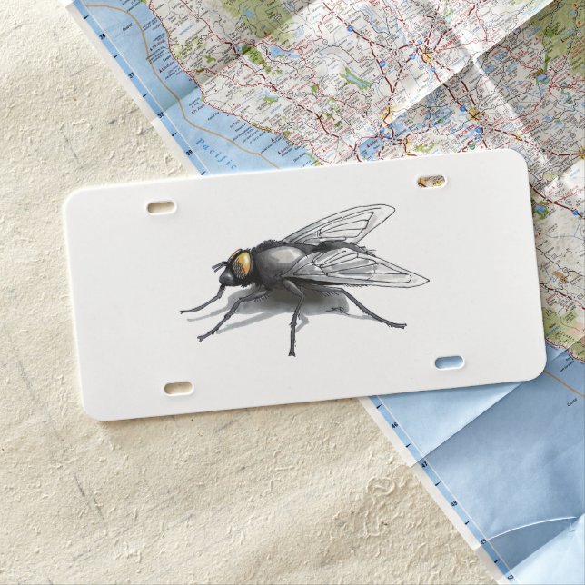 Fly Buddy giant fly white plastic license plate (In Situ)
