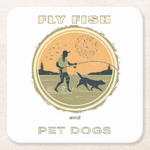 Fly Fish and Pet Dogs - A Fly Fishing Design Square Paper Coaster