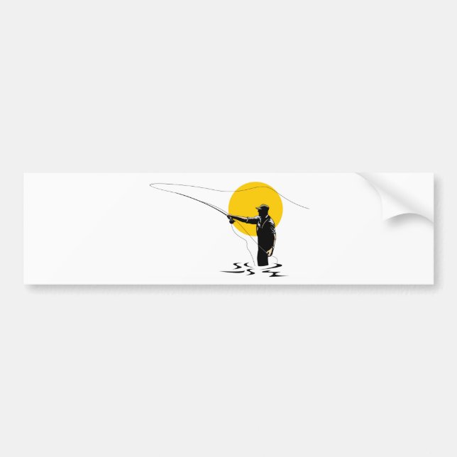 Fly fisherman casting reel with fishing lure bait bumper sticker (Front)