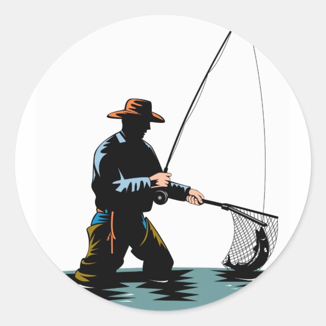 Fly fisherman casting reel with fishing lure bait classic round sticker (Front)
