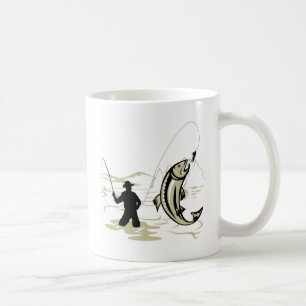 Fly fisherman casting reel with fishing lure bait coffee mug