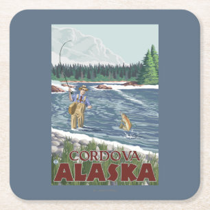 Fly Fisherman - Cordova, Alaska Square Paper Coaster