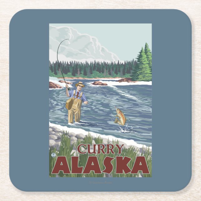 Fly Fisherman - Curry, Alaska Square Paper Coaster (Front)