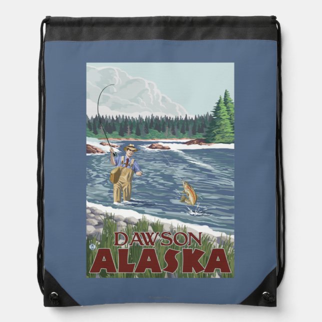 Fly Fisherman - Dawson, Alaska Drawstring Bag (Front)