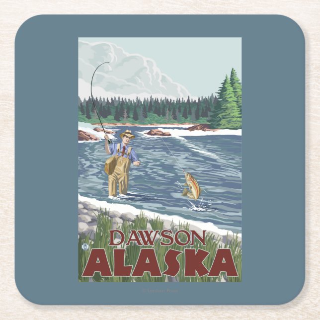 Fly Fisherman - Dawson, Alaska Square Paper Coaster (Front)