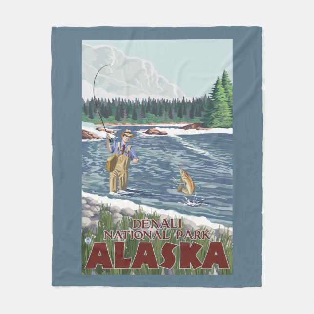 Fly Fisherman - Denali National Park, Alaska Fleece Blanket (Front)