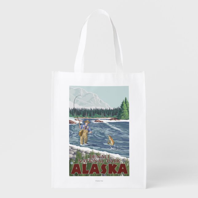 Fly Fisherman - Denali National Park, Alaska Grocery Bag (Front)
