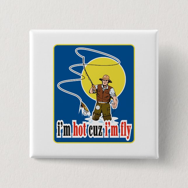 fly fisherman fishing bait pinback button (Front)