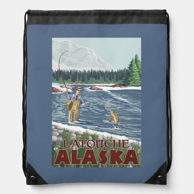 Fly Fisherman - Latouche, Alaska Drawstring Bag (Front)