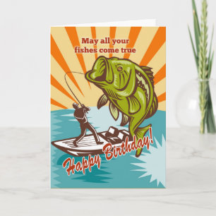 Fly Fisherman on boat catching largemouth bass Card