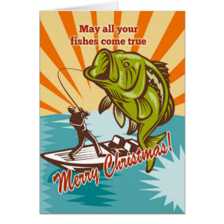 Fly Fisherman on boat catching largemouth bass Cards