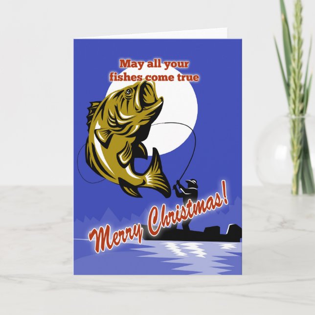 Fly Fisherman on boat catching largemouth bass Holiday Card (Front)