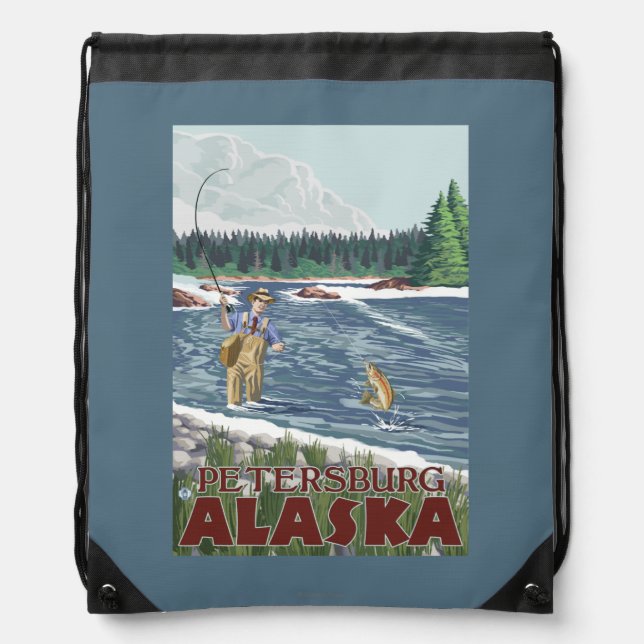 Fly Fisherman - Petersburg, Alaska Drawstring Bag (Front)