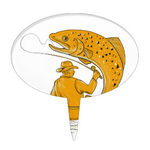 Fly Fisherman Reeling Trout Drawing Cake Topper